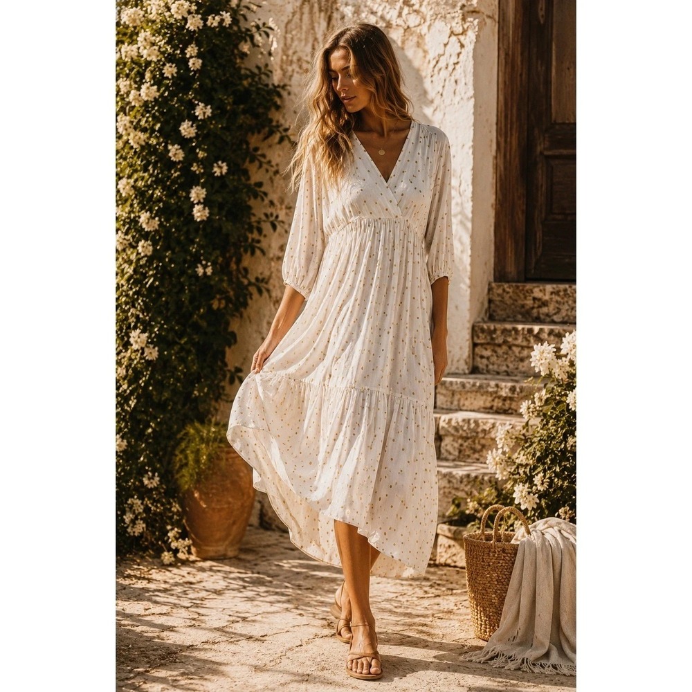 Anthropologie Augustine Tiered Maxi Dress Gold Polka Dot XS Boho Summer Euro
